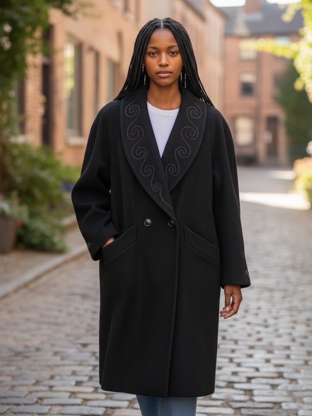 Vintage Black Wool Coat shawl collar Elegant tonal Scroll 80s Gothic Romance